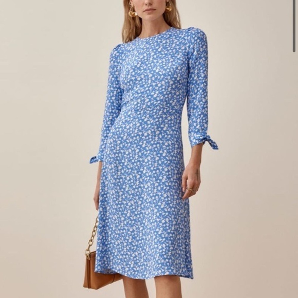 NWT Reformation Port Midi Dress Sz 12 Marie Floral Blue White Tie Sleeve Wedding